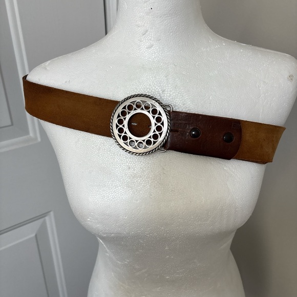 Accessories - Brown Suede Wide Women’s Belt with Silver Circular Buckle